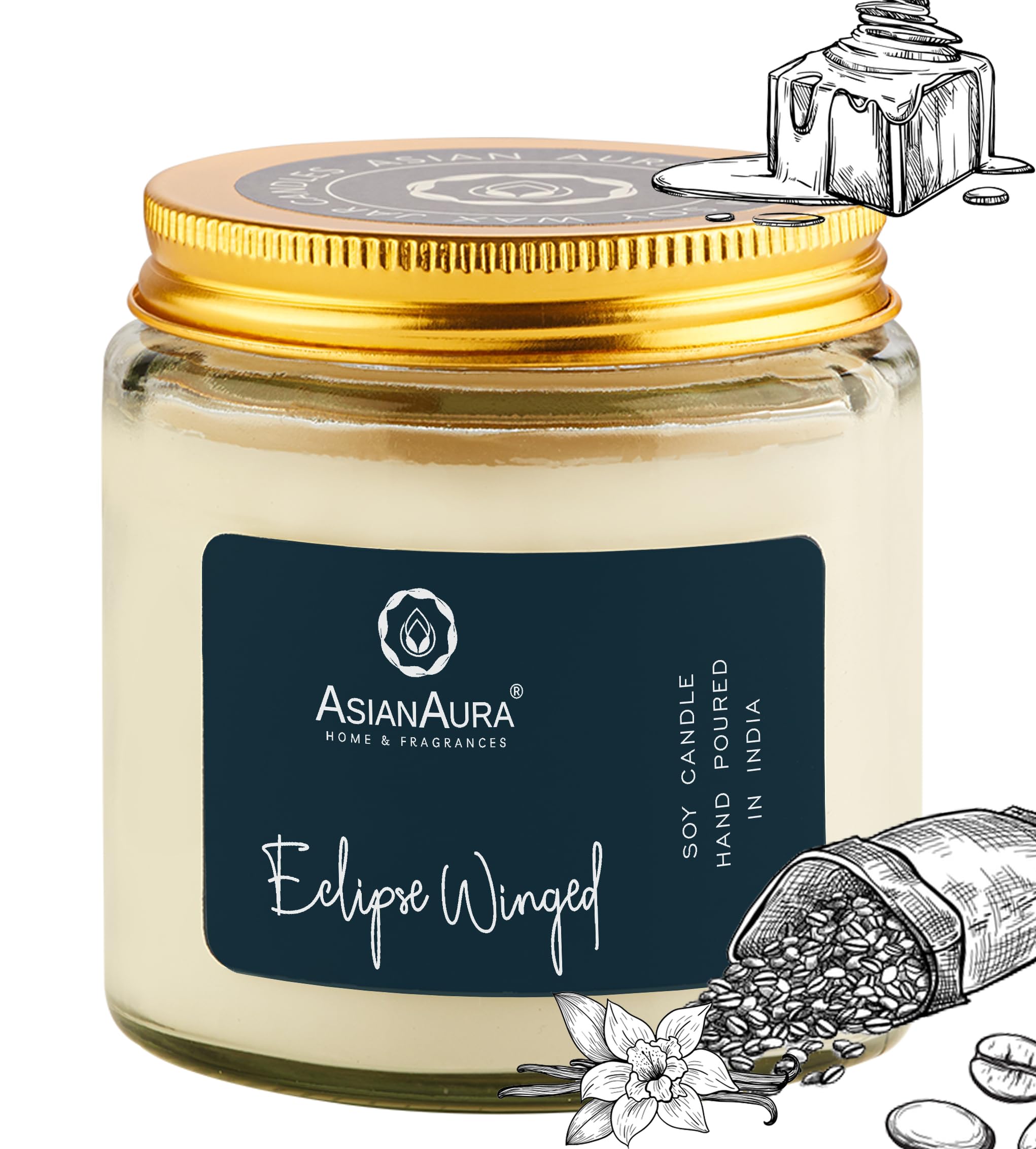 Asian Aura Scented Glass Jar Candle - 450g (Gross Wt.) - Eclipse Winged |36 Hours Burn Time |Smoke-Free Aroma Candle for Home Fr